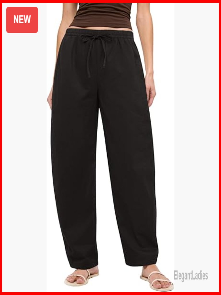 Wide Leg Barrel Pants Elastic High Waist Palazzo Lounge Drawstring Pockets